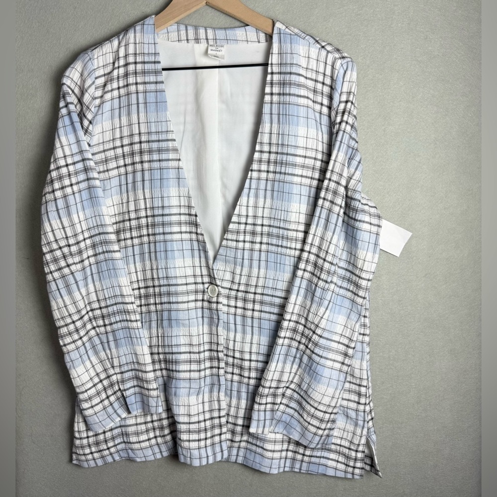 Melrose and Market Women’s Plaid Seersucker Blazer Light Blue White Size Small